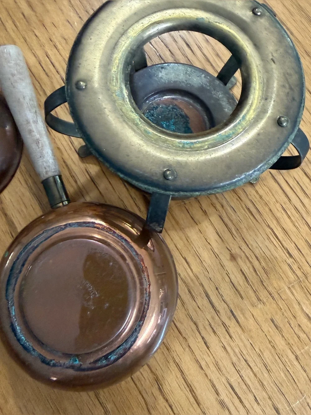 Vintage Copper & Brass Miniature Fondue Set Chafing Dish W/ Wooden Handle